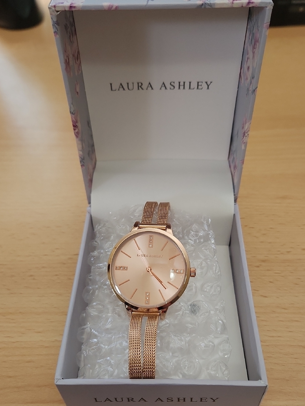 Laura Ashley Rose Gold Dusl Adjustabe Mesh Strap Watch with Crystal Accents